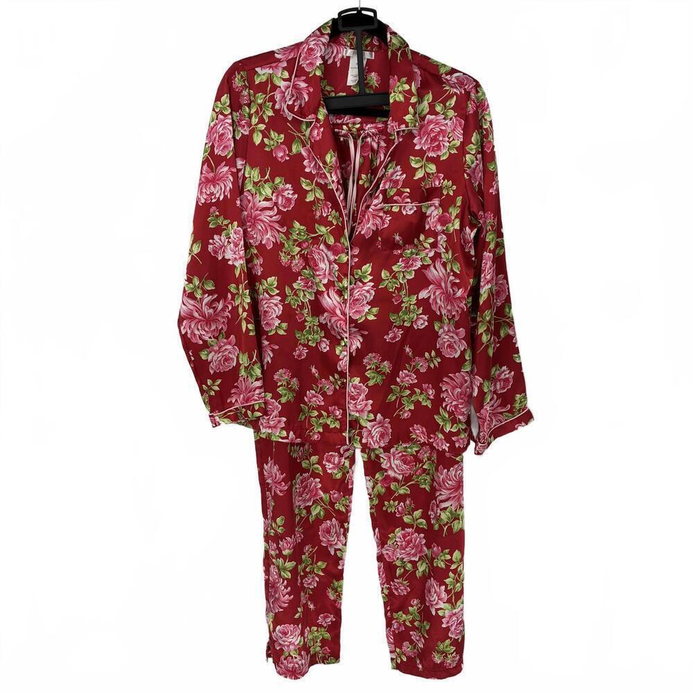 PINK Red Pink Roses Floral Print Satin Silky Long Sleeve Pants Pajama Set